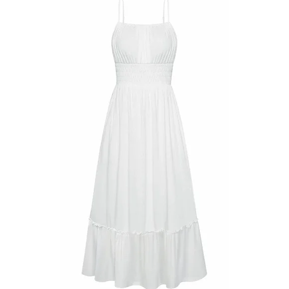 Grace Karin Maxi Sundress Spaghetti Strap White Smocked Pockets lined Size M - Picture 10 of 14